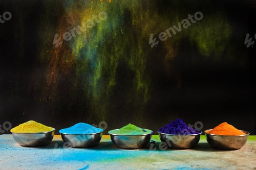 Preview: Colorful traditional Holi powder in bowls. Happy Holi. Concept Indian color festival.