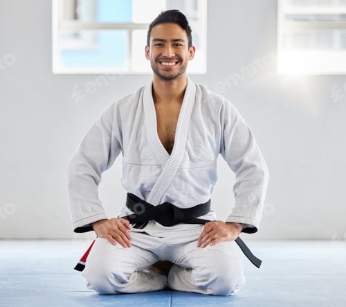 Preview: Karate, fitness and athlete, man with black belt and martial arts portrait, training and discipline
