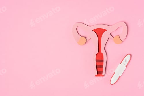 Preview: elevated view of female reproductive system and pregnancy test on pink