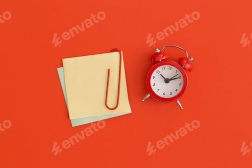 Preview: Red alarm clock and sticky notes with space for text on red background