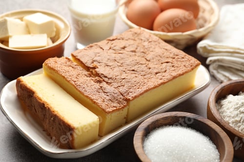 Preview: Tasty Japanese Castella sponge cake and ingredients on light table, closeup