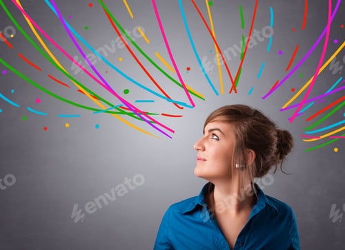 Preview: Pretty Young Girl Thinking With Colorful Abstract Lines Overhead