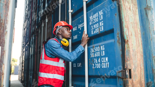 Preview: Young man with vest and helmet reading number of freight in warehouse
