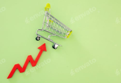 Preview: Shopping cart and red arrow up. Groceries price up, food rising cost.