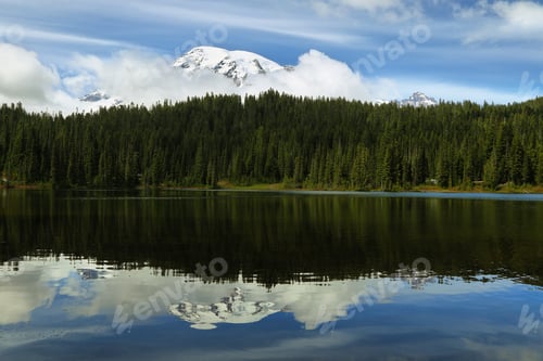 Preview: Scenic view of Mount Rainier reflected in reflection lakes