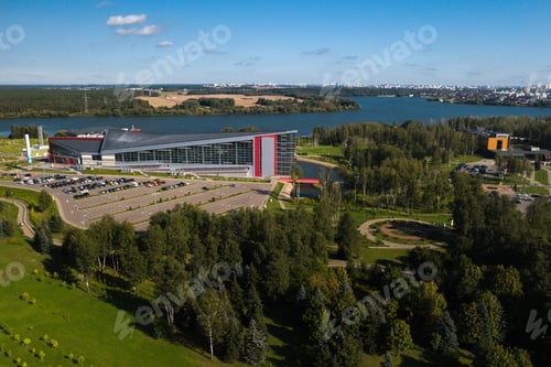 Preview: Top view of the water Park and Parking lot in Minsk on the Drozdy reservoir.Belarus