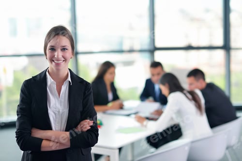 Preview: Happy Young Business Woman With Her Staff, People Group In Background At Modern Bright Office