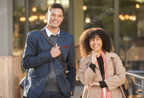 Preview: Urban portrait, confidence or happy business people, real estate agent or property investment team