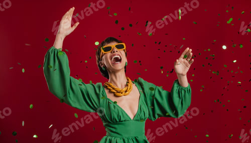 Preview: Happy young short hair woman in elegant dress dancing while confetti flying against red background