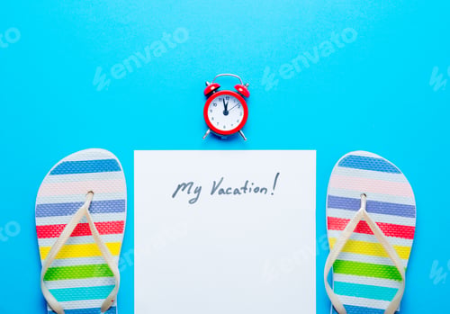 Preview: paper My Vacation, alarm clock and sandals
