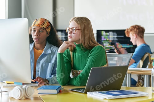 Preview: Girls working with online presentation on computer