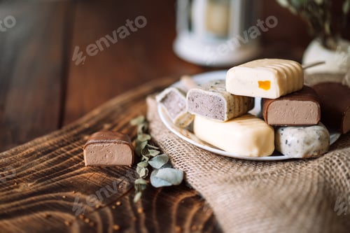 Preview: Still life of chocolate popsicle lying on a plate on a wooden table