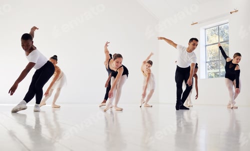 Preview: Shot of a group of ballet dancers practicing a routine in a dance studio