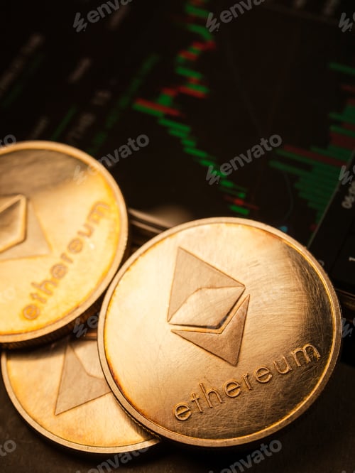 Preview: Ethereum coins with stock graph background. Digital currency concept.
