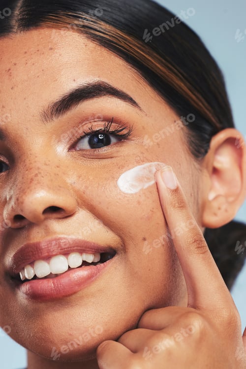 Preview: Face, skincare cream and portrait of woman for aesthetic shine, dermatology and makeup cosmetics on