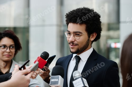 Preview: Businessman giving an interview to reporters