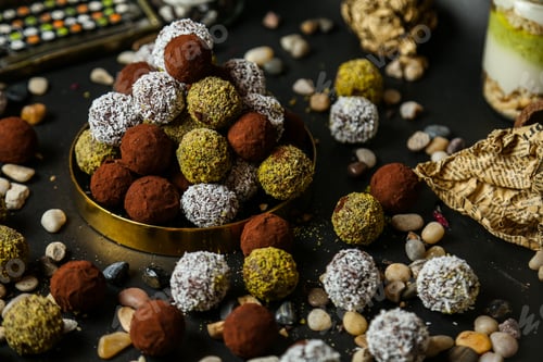Preview: side view colored chocolates with pebbles on black background