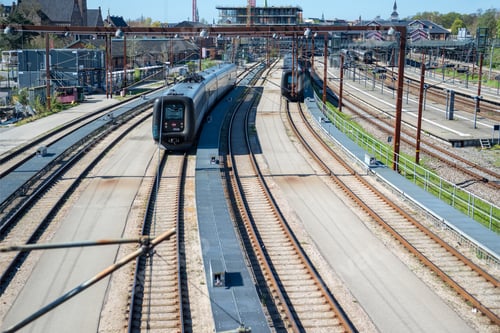 Preview: COPENHAGEN, DENMARK - MAY 6, 2018: scenic view of train riding on tracks in copenhagen, denmark