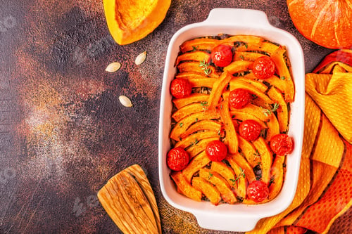 Preview: Pumpkin casserole with meat, rice, tomatoes.