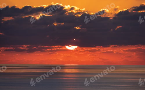 Preview: Dramatic Colorful Sunrise Sky. Mediterranean Sea. Abstract Red Sky. Cloudscape Nature Background