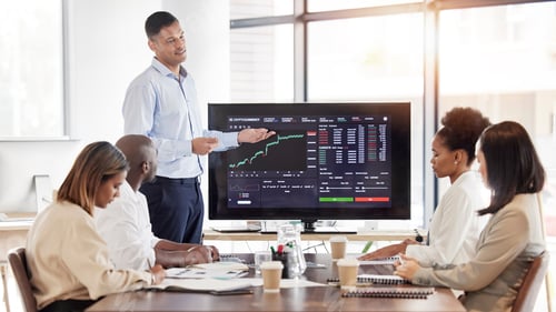 Preview: Business people, stock market dashboard on screen and coach for trading, finance presentation and g