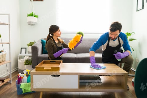 Preview: Professional Cleaners Duster Furniture in Residential Home