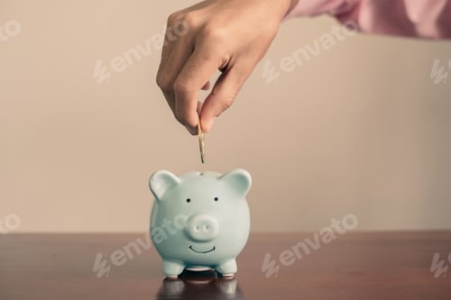 Preview: The hand of a businessman puts coins in a piggy bank, saves money with coins, steps into