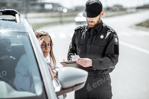 Preview: Policeman with woman driver on the road