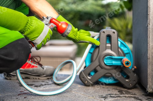Preview: Person Using Garden Hose Reel to Water Plants in Backyard During Daylight
