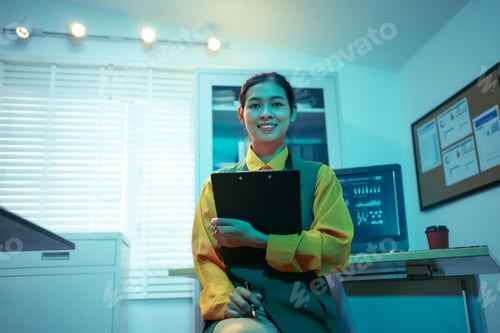 Preview: An Asian businesswoman analyzes digital charts on a computer screen, reviewing performance reports