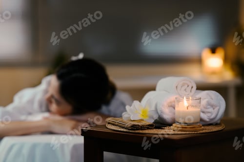 Preview: Relaxed lady at spa with focus on spa equipment. Wellness concept