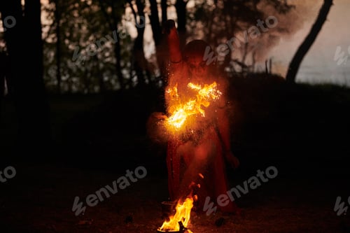 Preview: Girl fire dancing performance at outdoor art festival, smooth movements of female artist
