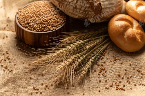 Preview: Freshly baked organic bread with wheat grain decoration