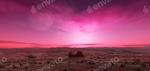 Preview: Sci-fi Scene of Alien Planet Rocky Terrain with Background planet. 3d Rendering Artwork