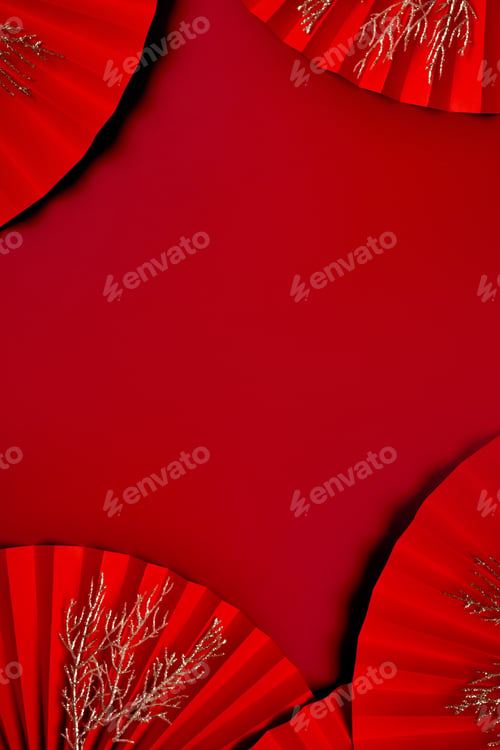 Preview: Paper fans and golden tvigs symbol Chinese new year top view with copy space. Vertical format