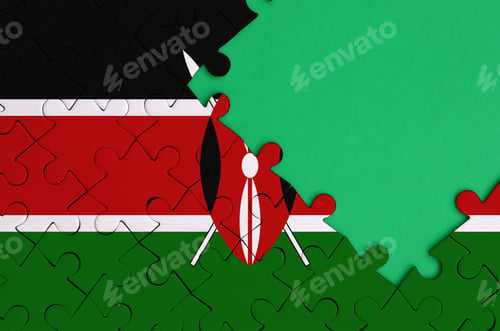 Preview: Kenya flag is depicted on a completed jigsaw puzzle with free green copy space on the right side.