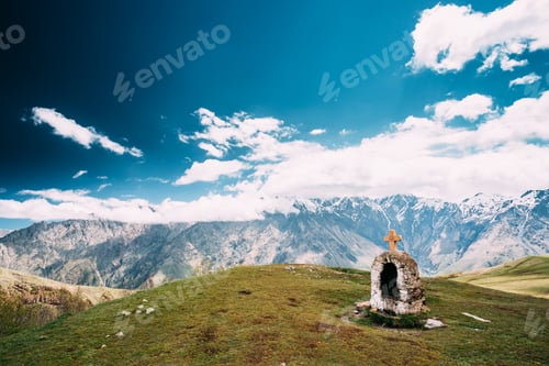 Preview: Cross Near Gergeti Trinity Church Or Tsminda Sameba. Holy Trinit