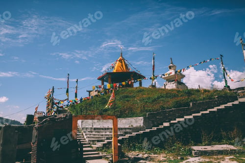Preview: traditional architecture and colorful prayer flags in Indian Himalayas, Rohtang Pass
