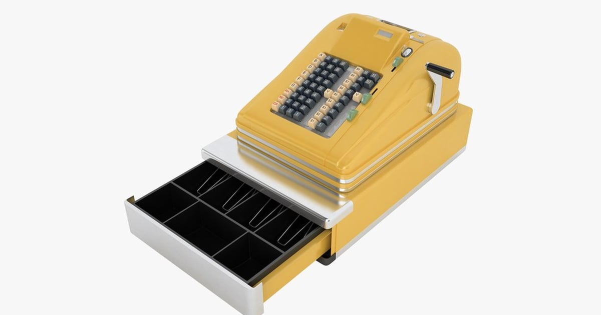 Classic Mechanical Cash Register in Yellow 3D, Incl. cash & keypad - Envato