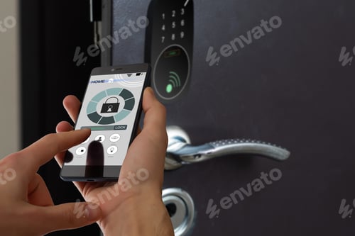 Preview: smart house, home automation, device with app icons. Man uses his smartphone with smarthome security