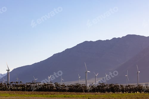 Preview: General view of wind turbines in countryside landscape with cloudless sky