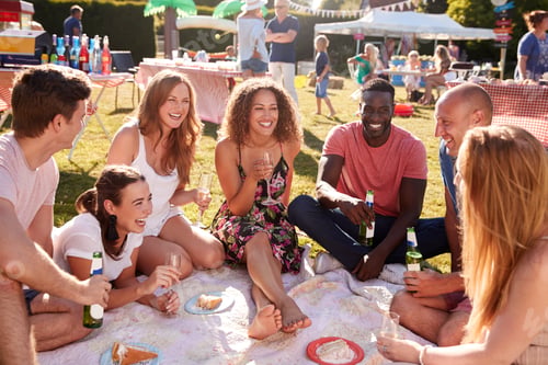 Preview: Group Of Friends Sitting On Rug At Summer Garden Fete With Drinks