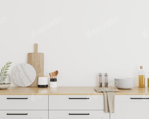 Preview: modern light kitchen interior, wall mockup, 3d render