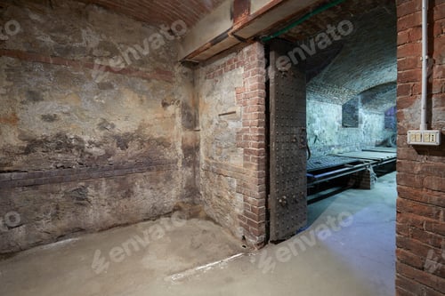 Preview: Old, empty basement with brick walls and wooden portal