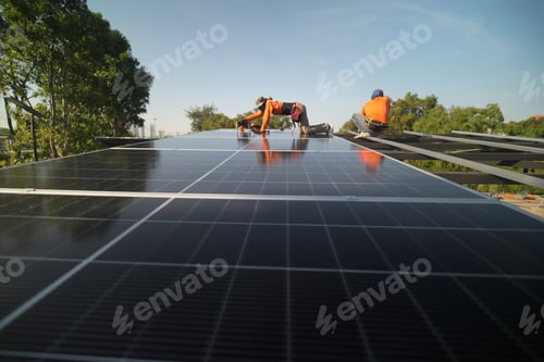 Preview: Renewable Energy Eco Technology Electric Power. Worker assemble energy system