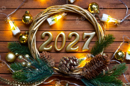 Preview: Happy New Year wooden numbers 2027 on cozy festive brown wooden background in a wreath