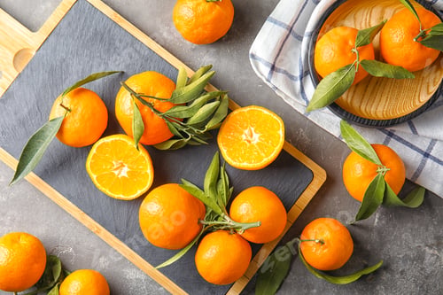 Preview: Flat lay composition with ripe tangerines on grey background