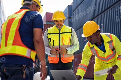 Preview: 3 engineer working in container storage yard looking laptop location layout prepare to delivery