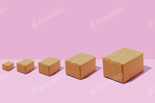 Preview: Cardboard boxes of different sizes in a row on a purple background. Parcel delivery concept.