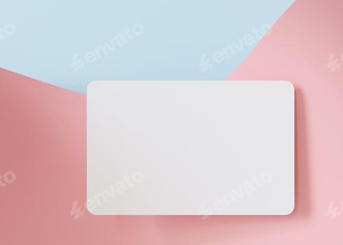 Preview: Clean white business card mockup on pastel pink and blue background,